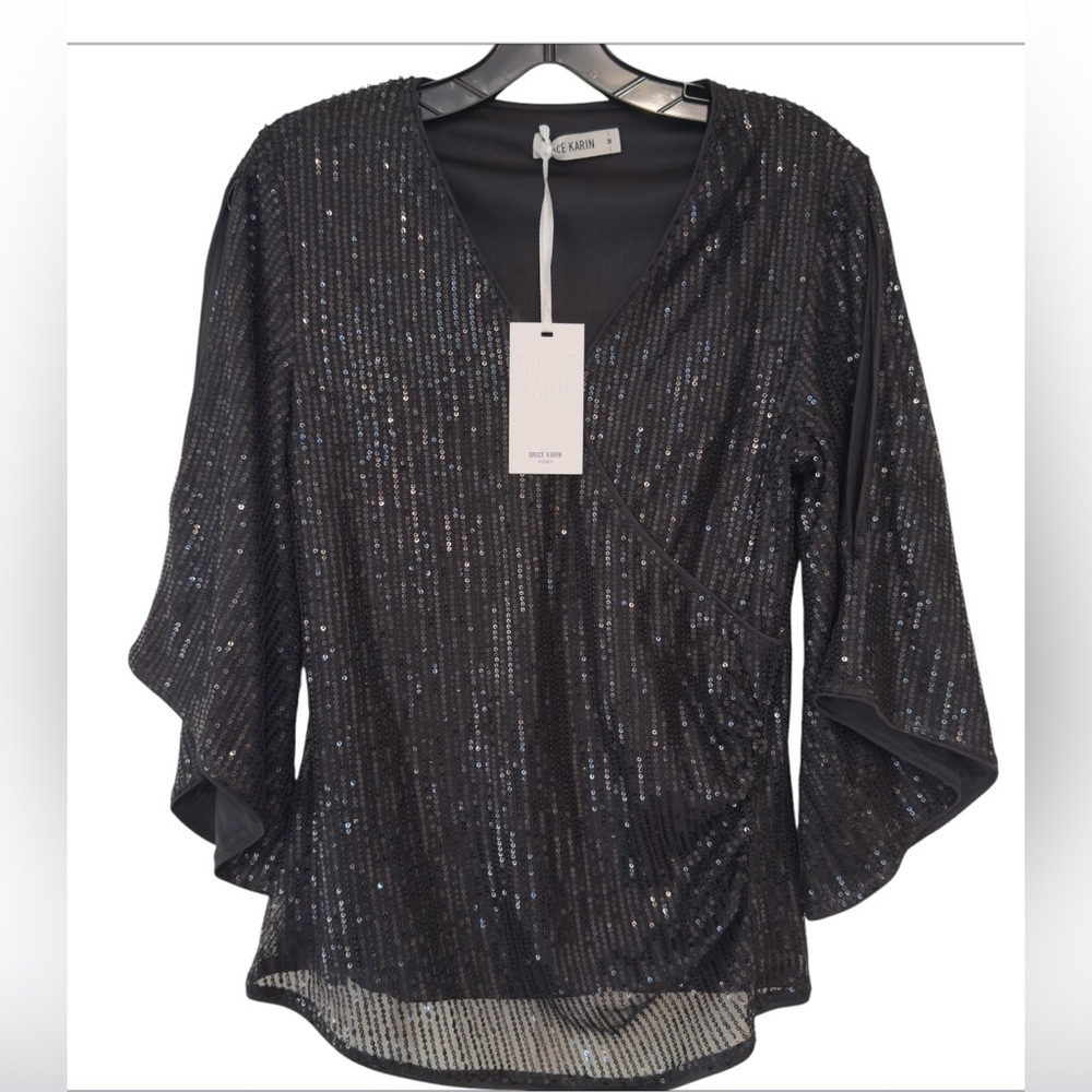 Grace Karin Elegant Black Sequin Blouse